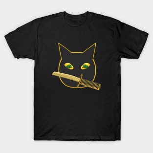 Hallowen Ninja Cat. Black Cat with Jack O Lantern Eyes and Sword. Orange Outline Version. T-Shirt